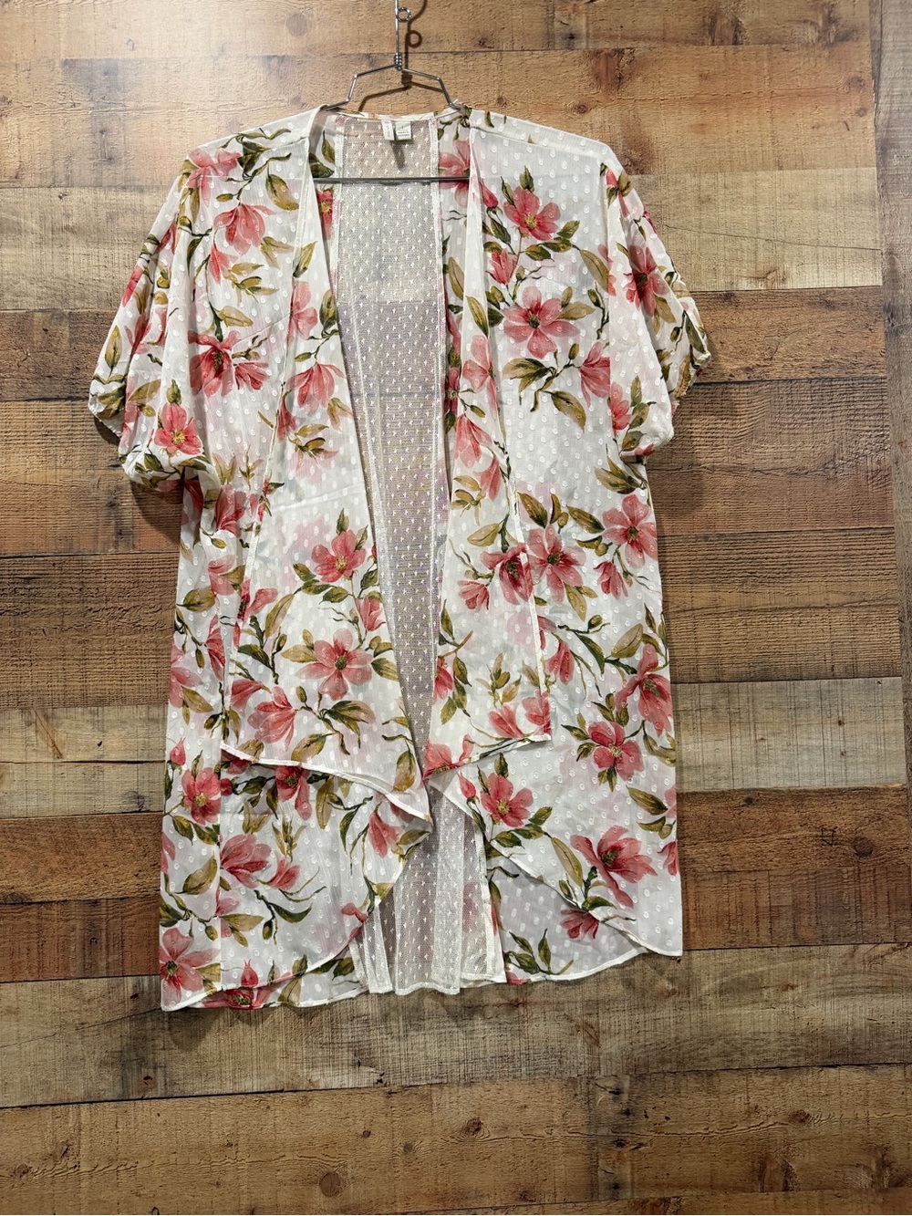 Cato Sheer Floral Open Kimono Cardigan in Pink, Green & White Size Large